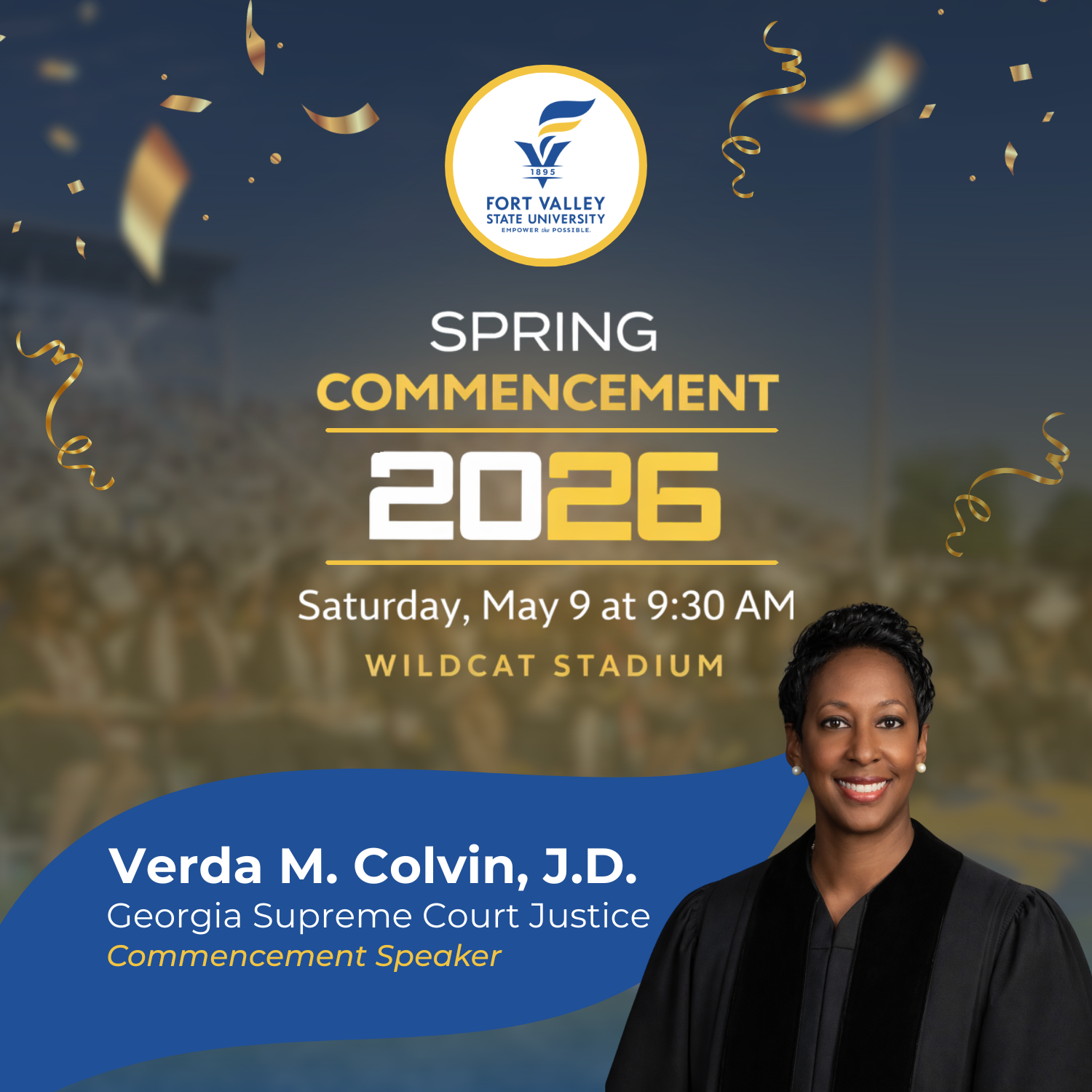 graphic with graduates in the background and Georgia Supreme Court Justice Verda Colvin's headshot.